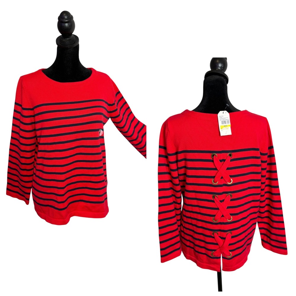 Nautica Red Blue Striped Lace Up Back Sweater Womens M Preppy Coastal Sailor NEW